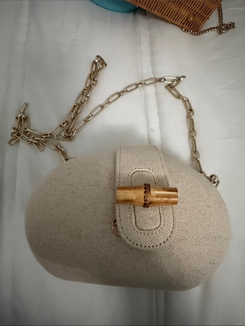 Zara Beige Oval Mini Crossbody with Gold Chain & Bamboo Clasp